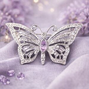 Vintage Costume Brooch 2” Silver Tone Purple Stone Butterfly 2" x 1.25"